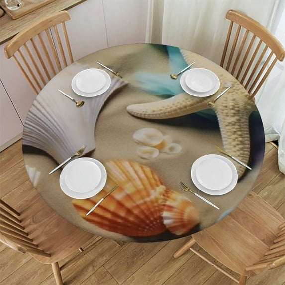 Wuche Round Fitted Tablecloth with Elastic Ocean Starfish Elastic Table Cover Seashell Ocean Round Elastic Tablecloth for Round Table, Waterproof Fitted Table Cloth White