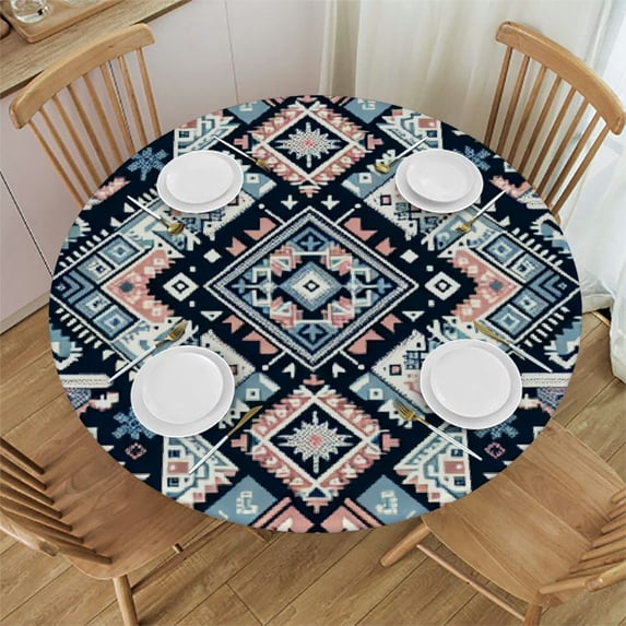 PIKWEEK Round Fitted Tablecloth Ethnic Geometric Round Table Cloth with Elastic Edged Boho Waterproof Wipeable Table Cover