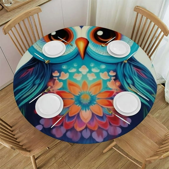 Wuche Round Fitted Tablecloth Floral Leaves Owl Bird Table Cloth with Elastic Edged Waterproof Wipeable Round Table Cover for Patio Parties Outdoor Decor White