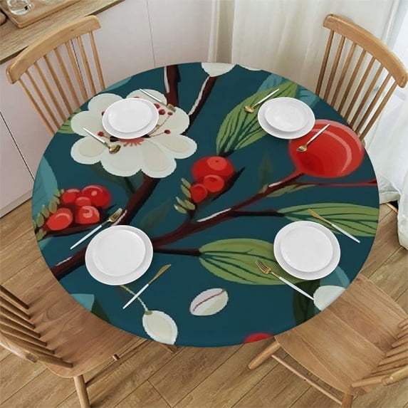 PIKWEEK Round Fitted Tablecloth Flower Cherry Floral Leaf Table Cloth with Elastic Edged Waterproof Wipeable Round Table Cover for Patio Parties Outdoor Decor White