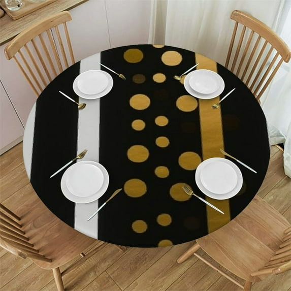 PIKWEEK Round Fitted Tablecloth Golden Polka Dot Line Stripes Table Cloth with Elastic Edged Waterproof Wipeable Round Table Cover for Patio Parties Outdoor Decor