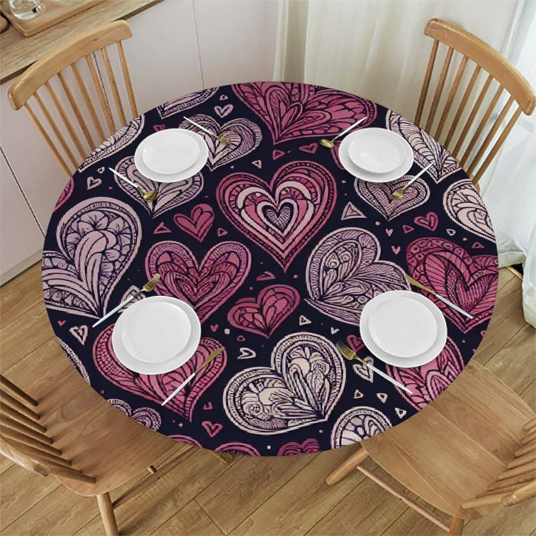 ZFUNCING Valentine's Day Round Fitted Tablecloth - Waterproof, Elastic Edge, Fits 36-44in Tables, Hearts Design - View #2