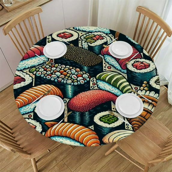 PIKWEEK Round Fitted Tablecloth Lovely Sushi Round Table Cloth with Elastic Edged Food Sushi Pattern Waterproof Wipeable Table Cover