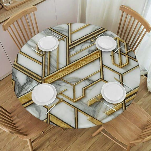 PIKWEEK Round Fitted Tablecloth Marble Round Table Cloth with Elastic Edged Golden Lines Waterproof Wipeable Table Cover