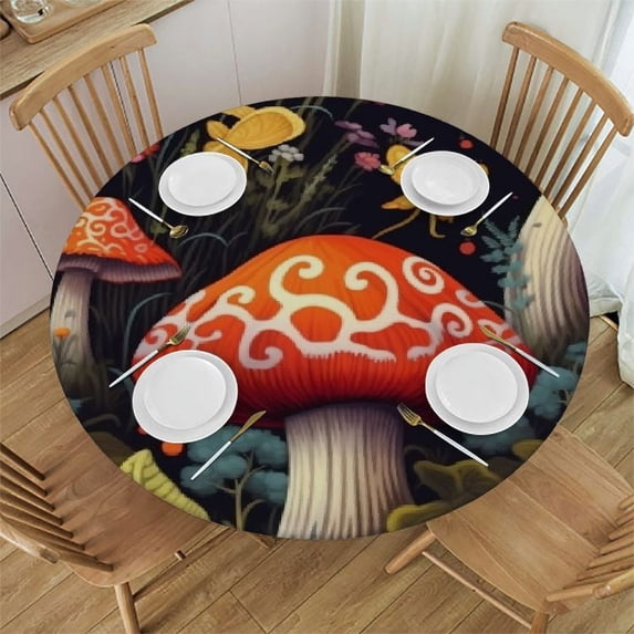 Wuche Round Fitted Tablecloth Mushroom Butterfly Flower Leaves Table Cloth with Elastic Edged Waterproof Wipeable Round Table Cover for Patio Parties Outdoor Decor White