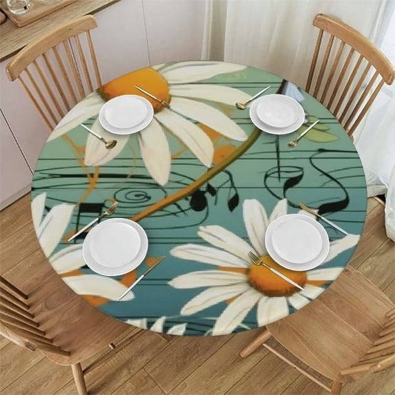 PIKWEEK Round Fitted Tablecloth Music Note Daisy Flower Table Cloth with Elastic Edged Waterproof Wipeable Round Table Cover for Patio Parties Outdoor Decor
