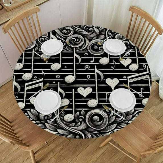 PIKWEEK Round Fitted Tablecloth Musical Note Round Table Cloth with Elastic Edged Love Heart Waterproof Wipeable Table Cover