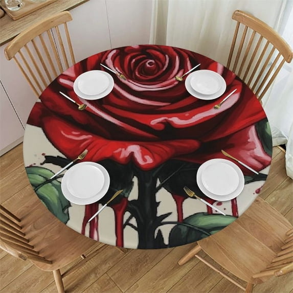 PIKWEEK Round Fitted Tablecloth Rose Flower Floral Vintage Table Cloth with Elastic Edged Waterproof Wipeable Round Table Cover for Patio Parties Outdoor Decor White
