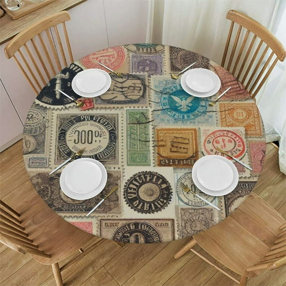 PIKWEEK Round Fitted Tablecloth Vintage Mail Round Table Cloth with Elastic Edged Stamp Pattern Waterproof Wipeable Table Cover