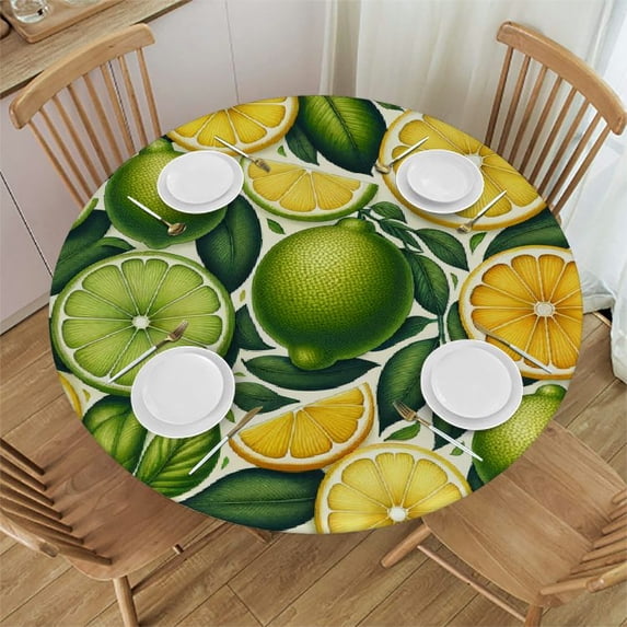 PIKWEEK Round Fitted Tablecloth Watercolor Lemon Round Table Cloth with Elastic Edged Green Lemon Waterproof Wipeable Table Cover