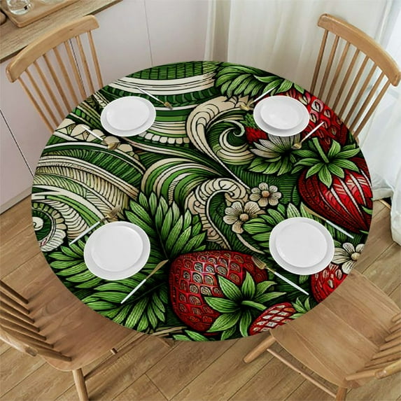 PIKWEEK Round Fitted Tablecloth Watercolor Strawberry Round Table Cloth with Elastic Edged Green Stripes Waterproof Wipeable Table Cover