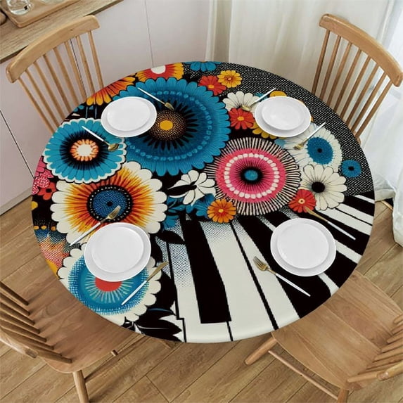 PIKWEEK Round Table Cloth,Abstract Musical Piano Keyboard and Floral Elastic Stretch Tablecloth for Dining, Kitchen, Wedding, Parties, Fits Tables