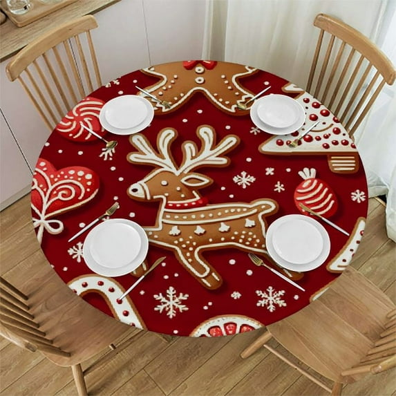 PIKWEEK Round Table Cloth,Christmas Gingerbread Cookies and Candy Elastic Stretch Tablecloth for Dining, Kitchen, Wedding, Parties, Fits Tables