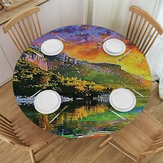 PIKWEEK Round Table Cloth Cover Landscape Round Table Cover Earth Yellow Coral Green Decorative Oblong Table Cover for Kitchen,Holiday for Dining Tables, Buffet Parties and Camping