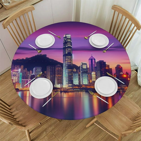 Wuche Round Table Cloth,New York City Manhattan Midtown Skyline Dusk Hudson River Elastic Stretch Tablecloth for Dining, Kitchen, Wedding, Parties, Fits Tables