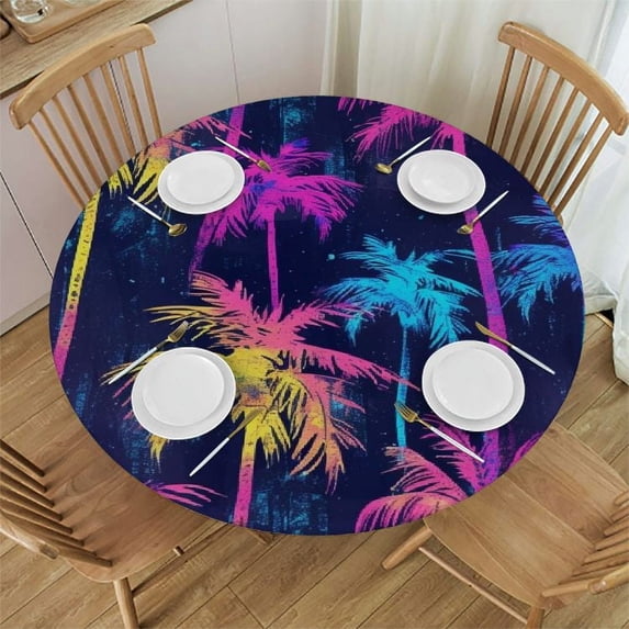 PIKWEEK Round Table Cloth Palm Leaves Tropical Jungle Charming Colors White