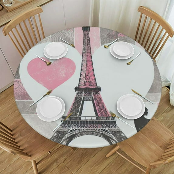 PIKWEEK Round Table Cloth,Paris Lettering Over Lace Elastic Stretch Tablecloth for Dining, Kitchen, Wedding, Parties, Fits Tables
