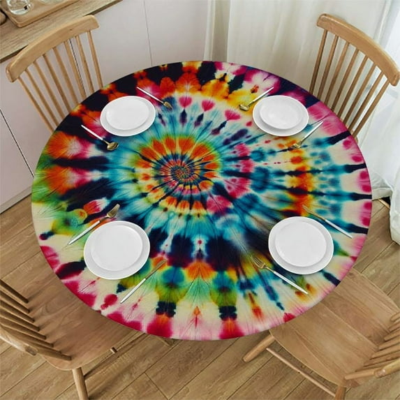 PIKWEEK Round Table Cloth,Tie Dye Pattern Abstract Elastic Stretch Tablecloth for Dining, Kitchen, Wedding, Parties, Fits Tables