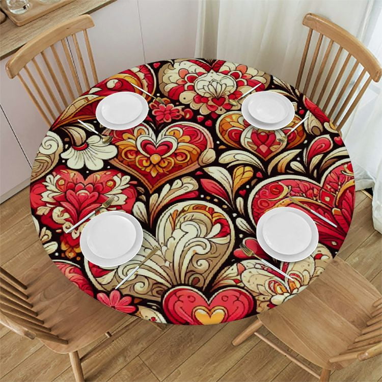 PIKWEEK Round Table Cloth,Valentine's Day Love Hearts Elastic Stretch