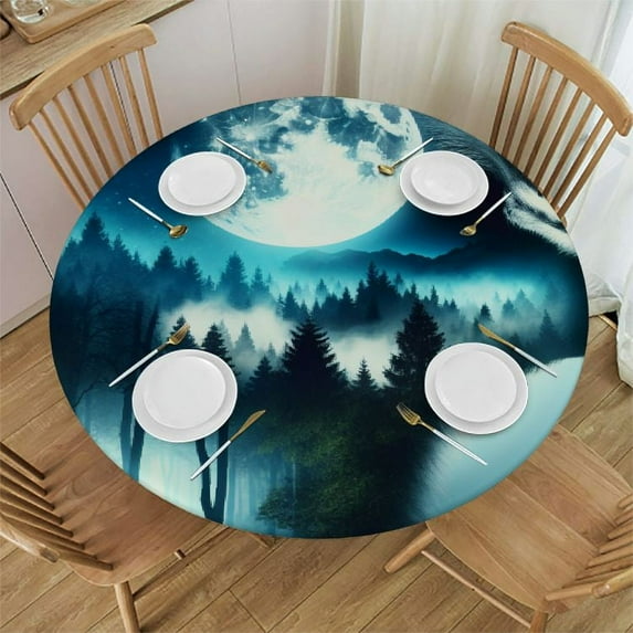 PIKWEEK Round Table Cloth,Wild Brown Bear and A Pine Forest Elastic Stretch Tablecloth for Dining, Kitchen, Wedding, Parties, Fits Tables