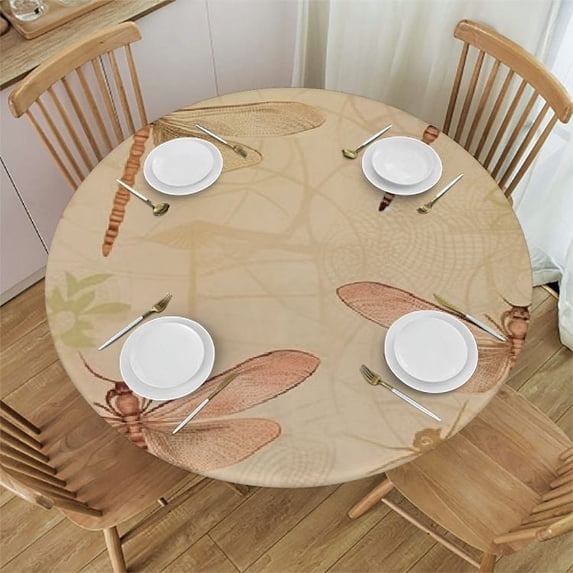 PIKWEEK Round Tablecloth, Beige Tablecloth for Side Table, Vintage Birds Dragonflies Artprint with Modern Doodle, Fit Round Tables Diameter, for Dining Room/Party/Banquet Decoration, Cream White