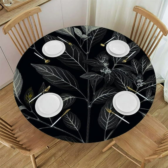 PIKWEEK Round Tablecloth Fitted Waterproof Table Cover Abstract Botanical Leaves Texture,Elastic Edged Washable Table Cloths for Kitchen Dinning Picnic Party Decor Full Moon on Black