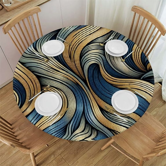PIKWEEK Round Tablecloth Fitted Waterproof Table Cover Abstract Natural Marble Texture,Elastic Edged Washable Table Cloths for Kitchen Dinning Picnic Party Decor Gold Lines Teal Stones