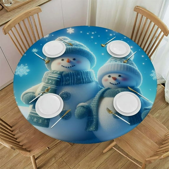 PIKWEEK Round Tablecloth Fitted Waterproof Table Cover Christmas Cute Snowman Xmas Tree,Elastic Edged Washable Table Cloths for Kitchen Dinning Picnic Party Decor Pine Needle Snow on Blue