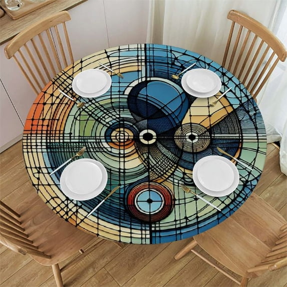 PIKWEEK Round Tablecloth Fitted Waterproof Table Cover Mid Century Lines and Polka Dot, Elastic Edged Washable Table Cloths for Kitchen Dinning Picnic Party Decor Geometric Art Color Block