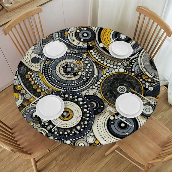 PIKWEEK Round Tablecloth Fitted Waterproof Table Cover Watercolor Abstract Geometric Art,Elastic Edged Washable Table Cloths for Kitchen Dinning Picnic Party Decor Circle Polka Dot Stripe on White