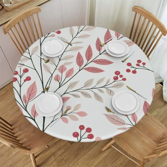 PIKWEEK Round Tablecloth Fitted Waterproof Table Cover Watercolor Pink Botanical Leaves,Elastic Edged Washable Table Cloths for Kitchen Dinning Picnic Party Decor Plant Foliage Berry on White