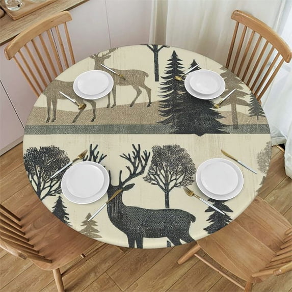 PIKWEEK Round Tablecloth Fitted Waterproof Table Cover Wild Reindeer Elk Black Silhouette,Elastic Edged Washable Table Cloths for Kitchen Dinning Picnic Party Decor Forest Tree on Burlap