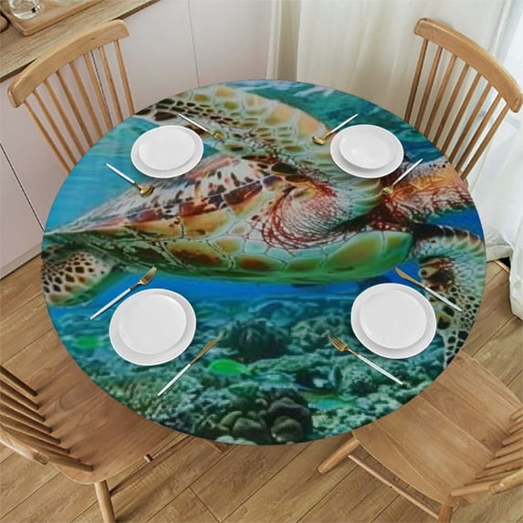 PIKWEEK Round Tablecloth Great for Home Kitchen/Parties/Holiday Dinner Sea Turtle Coastal Ocean Nautical Animal Underwater Marine Aqua Blue White