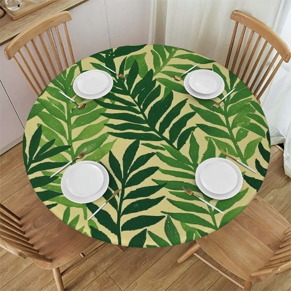 PIKWEEK Round Tablecloth Palm Leaves with Lush Branches and Charming Colors White