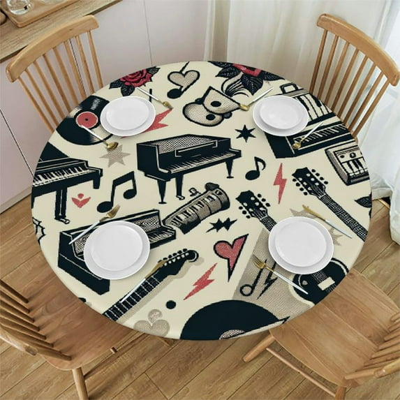 PIKWEEK Round Tablecloth,Piano Headphones Guitars Wings Roses and Sunglasses Indoor & Outdoor Table Cover for Christmas, Thanksgiving, Event,Fits Tables