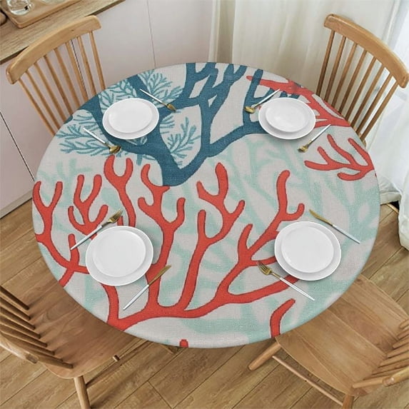 PIKWEEK Round Tablecloth Red Pink and Mint Corals Tropical Reef Nautical Decorative for Picnic Dining Kitchen Farmhouse White