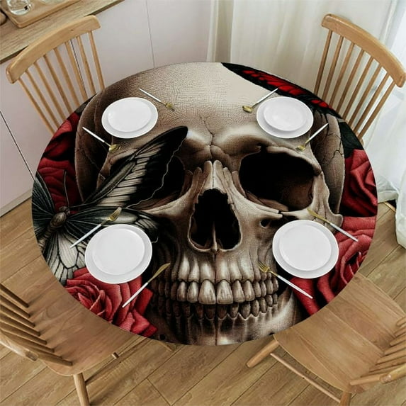 PIKWEEK Round Tablecloth,Skull and Butterflies Hand Drawn Indoor & Outdoor Table Cover for Christmas, Thanksgiving, Event,Fits Tables