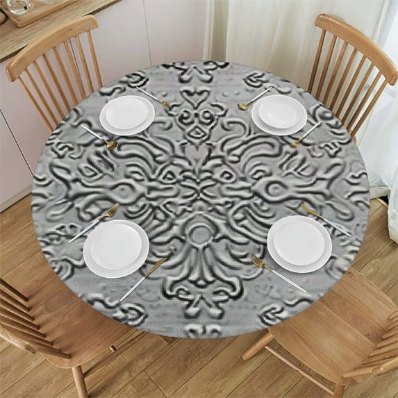 PIKWEEK Round Tablecloth Stain Resistant Silver Round Fitted Tablecloth with Elastic Silver White Round Tables Cloths in Bulk for Wedding Parties for Birthday Parties Table Decorations