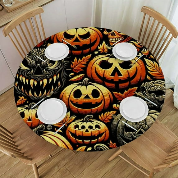 PIKWEEK Round Tablecloth with Elastic Edge - Halloween Symbols - Table Cover for Patio, Kitchen and Dining Room