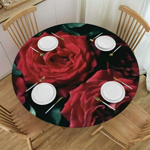 PIKWEEK Round Vinyl Fitted Tablecloth with Flannel Backing Elastic Table Cloth Waterproof Oil-Proof Plastic Table Cover Aesthetic Roses Red Round Tablecloth
