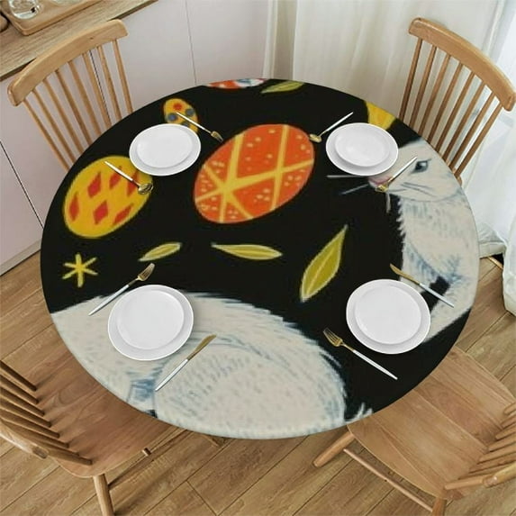 PIKWEEK Round Vinyl Fitted Tablecloth with Flannel Backing Elastic Table Cloth Waterproof Oil-Proof Plastic Table Cover Cute Easter Rabbits Round Tablecloth