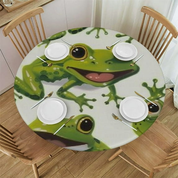 PIKWEEK Round Vinyl Fitted Tablecloth with Flannel Backing Elastic Table Cloth Waterproof Oil-Proof Plastic Table Cover Frog Cartoon Cute Round Tablecloth