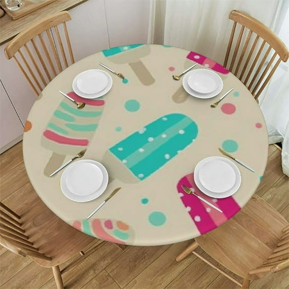 Wuche Round Vinyl Fitted Tablecloth with Flannel Backing Elastic Table Cloth Waterproof Oil-Proof Plastic Table Cover Ice Cream Party Round Tablecloth