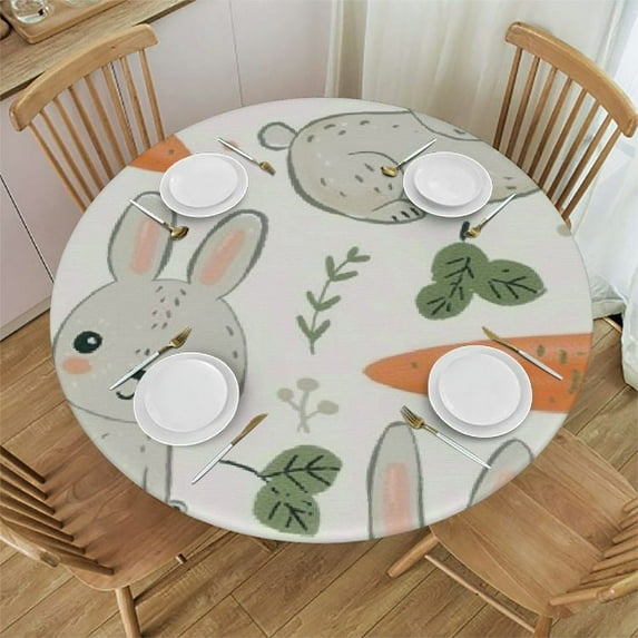 PIKWEEK Round Vinyl Fitted Tablecloth with Flannel Backing Elastic Table Cloth Waterproof Oil-Proof Plastic Table Cover White Rabbits Hugging Carrots Round Tablecloth