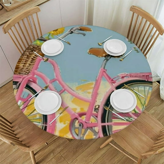 PIKWEEK Round Vinyl Fitted Tablecloth with Flannel Backing Elastic Table Cloth Waterproof Oil-Proof Plastic Table Cover Spring Bike Round Tablecloth