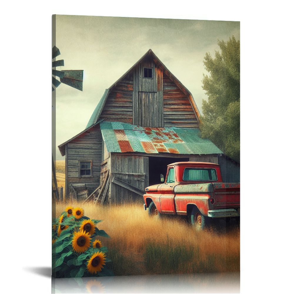 PIKWEEK Rustic Farmhouse Canvas Wall Art Old Car and Cattle with Barn ...
