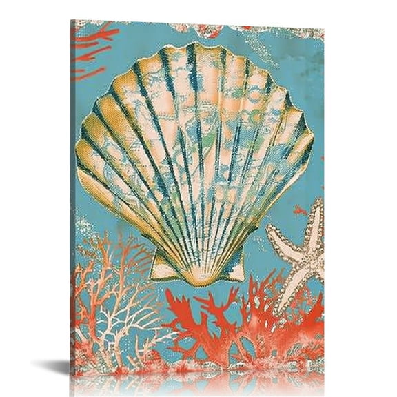 PIKWEEK Seashell Wall Art Orange Bathroom Canvas Prints, Ocean Themed Coral Coastal Decor, Nautical Beach Pictures, Stretched and Framed Artwork for Home, Bedroom Each