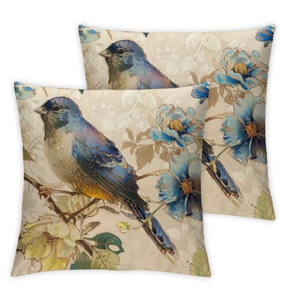 PIKWEEK Set of 2 Vintage Ink Painting Blue Bird Robin and Flower Throw Pillow Cover Case Cushion Cover for Couch Sofa Home Decoration Square Pillowcase (2 Pack Blue Bird)