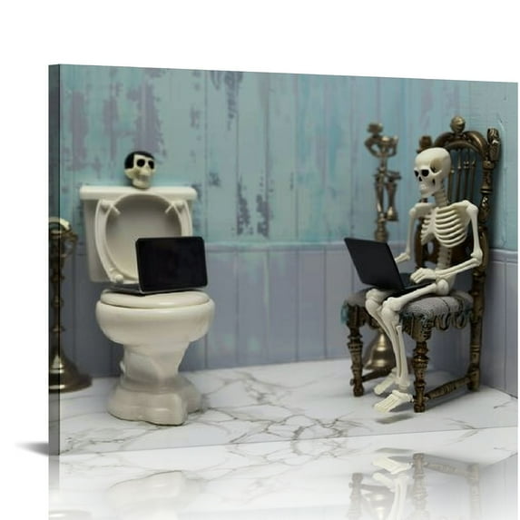 PIKWEEK Skeleton Bathroom Prints Funny Hipster Skull and Bones The Picture Prints on Canvas Wall Art for Bathroom Decor Stretched 16*12inch/20*16inch