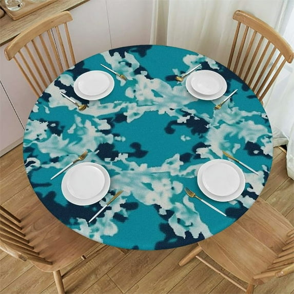 PIKWEEK Slate Blue Round Tablecloth Camouflage Theme Round Fitted Table Cover with Elastic Edges Camo Abstract Texture Tables